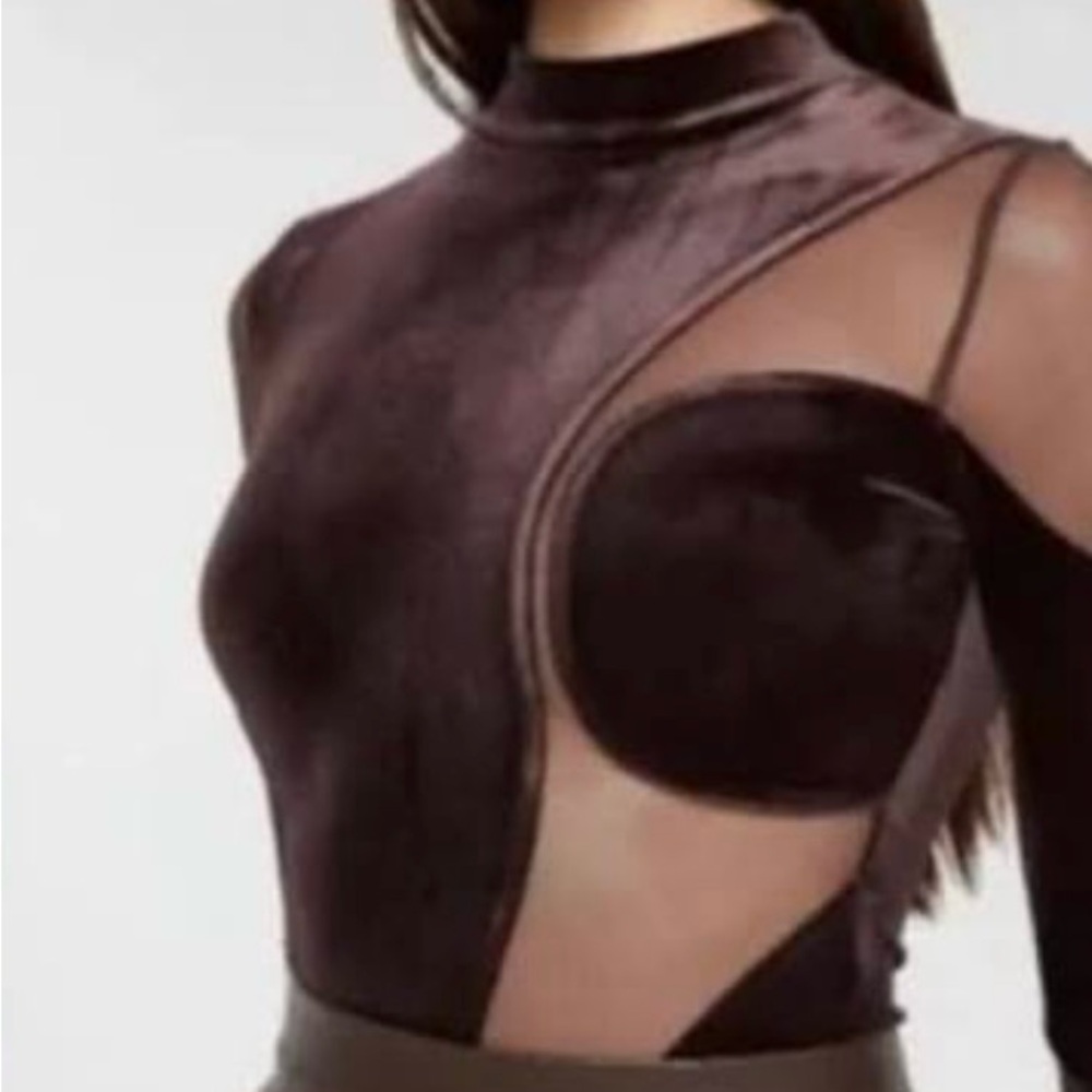 Maniere De Voir BROWN  Sheer Velvet Bodysuit